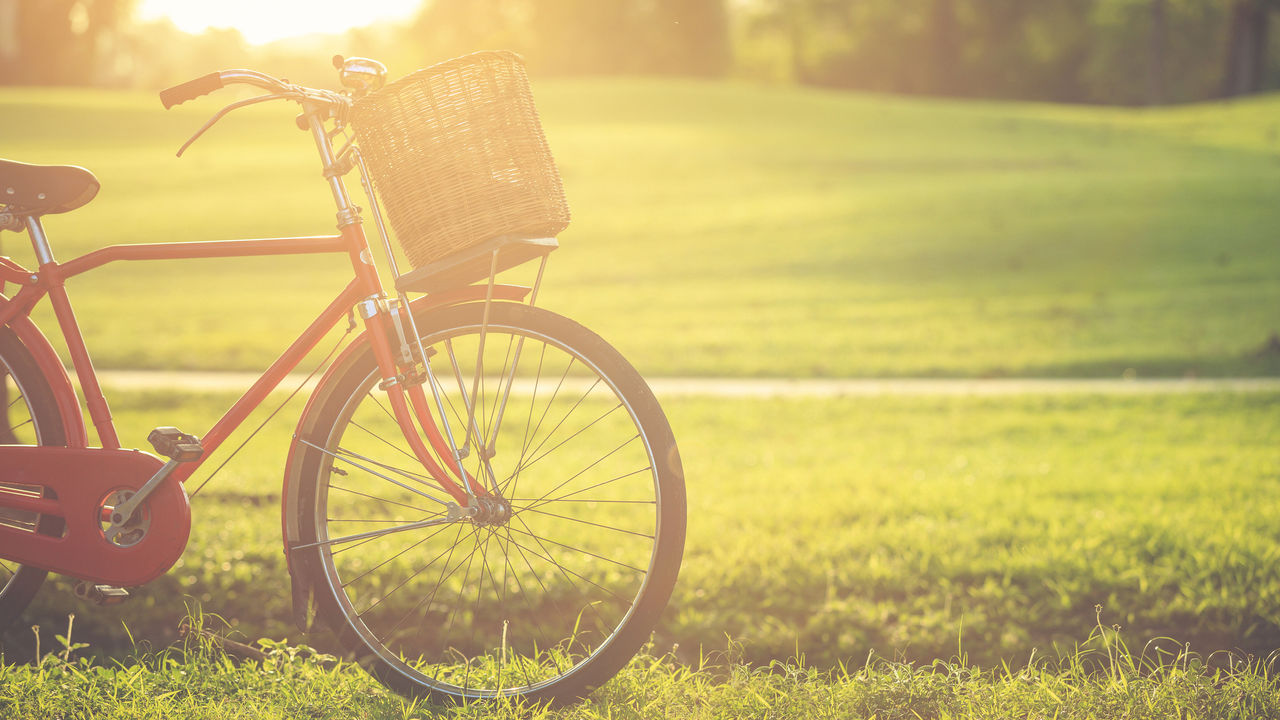 Red Japan style classic bicycle at the park, Vintage filter effect