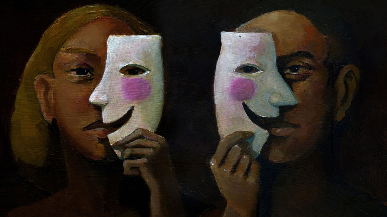 A man and a woman in the foreground hide their feelings behind a smiling mask