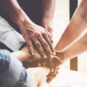 Group of business people putting their hands working together on wooden background in office. group support teamwork agreement concept.