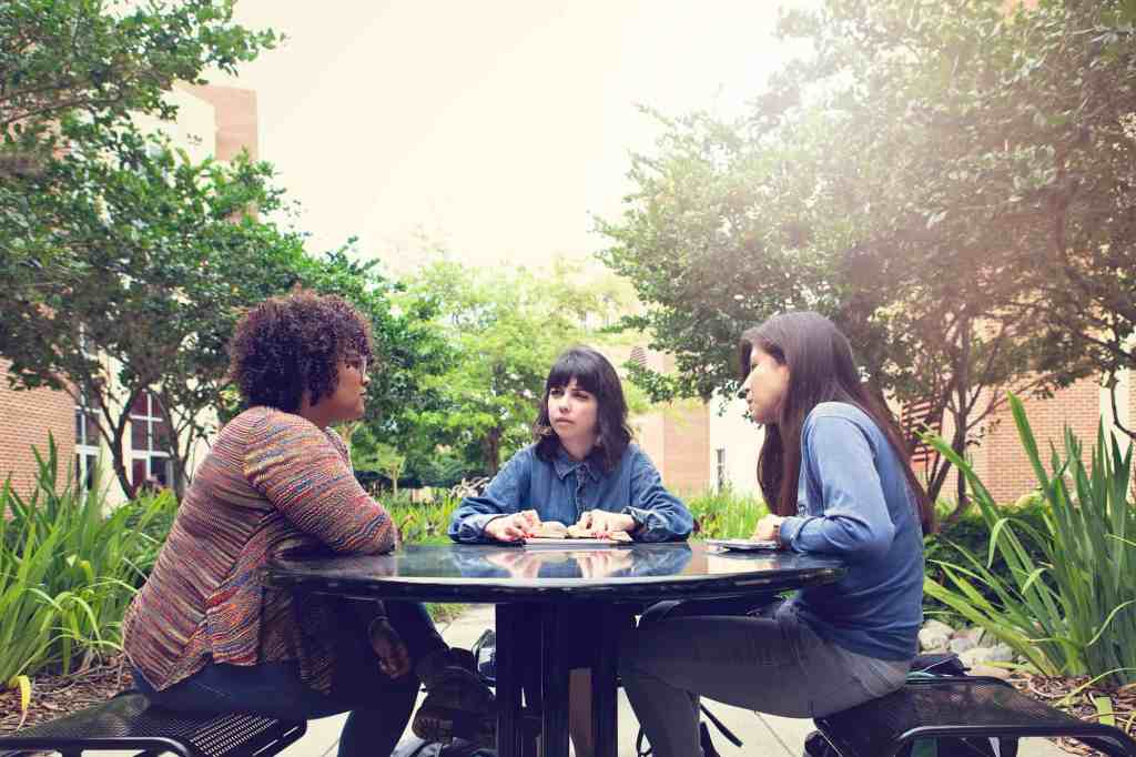 Group Discussing the Bible on a College Campus 01 Group Discussing the Bible on a College Campus 01