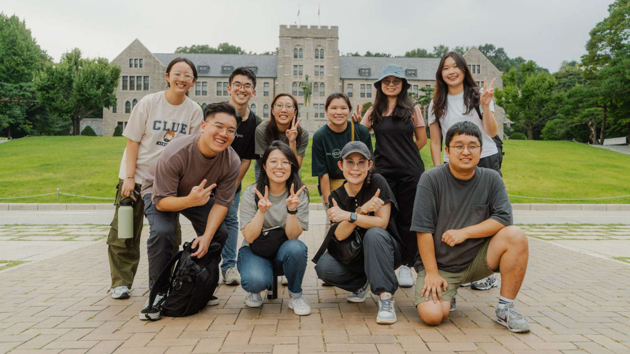 Elijah (first row, far left) exploring and prayer walking on the Korea University campus with the 2024 Seoul mission team and KCCC volunteers